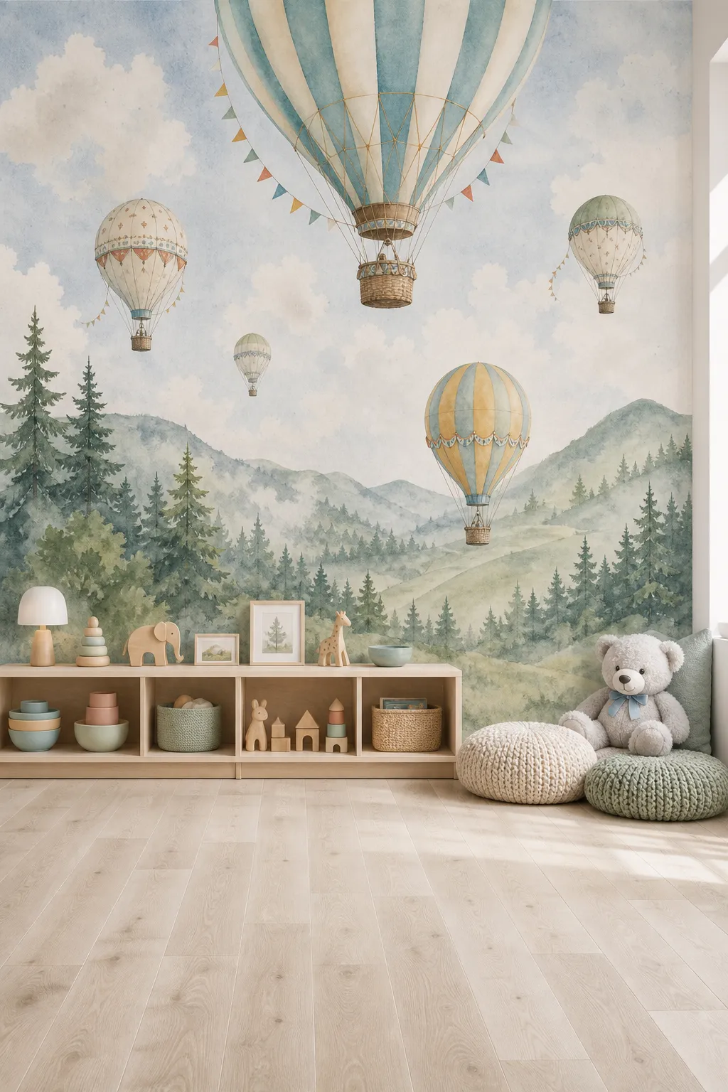 Watercolor woodland hot-air balloons in a nature-inspired nursery setting