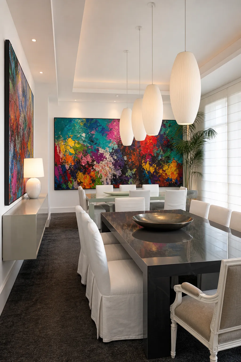 Dining area featuring a large colorful abstract artwork above the table