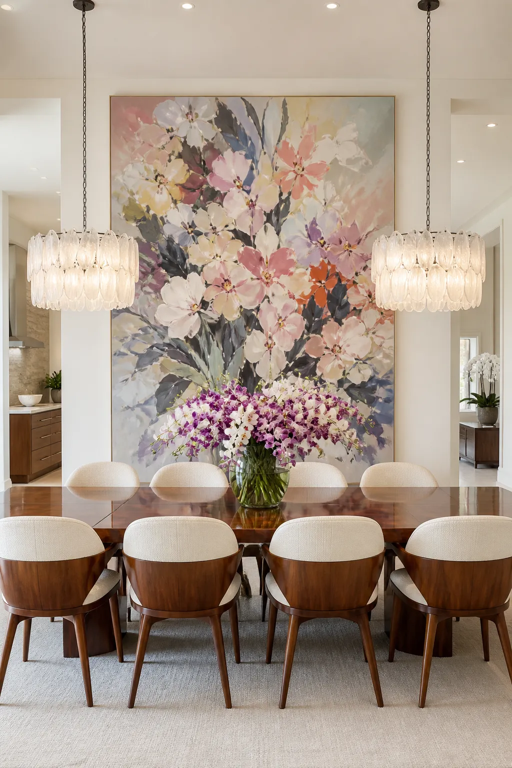 Dining room with oversized floral artwork creating a romantic focal point