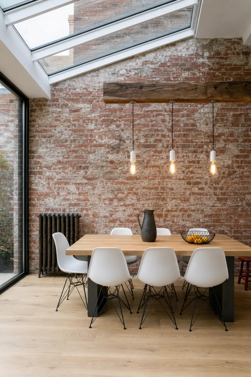 Warm dining room arranged against a rustic exposed brick wall