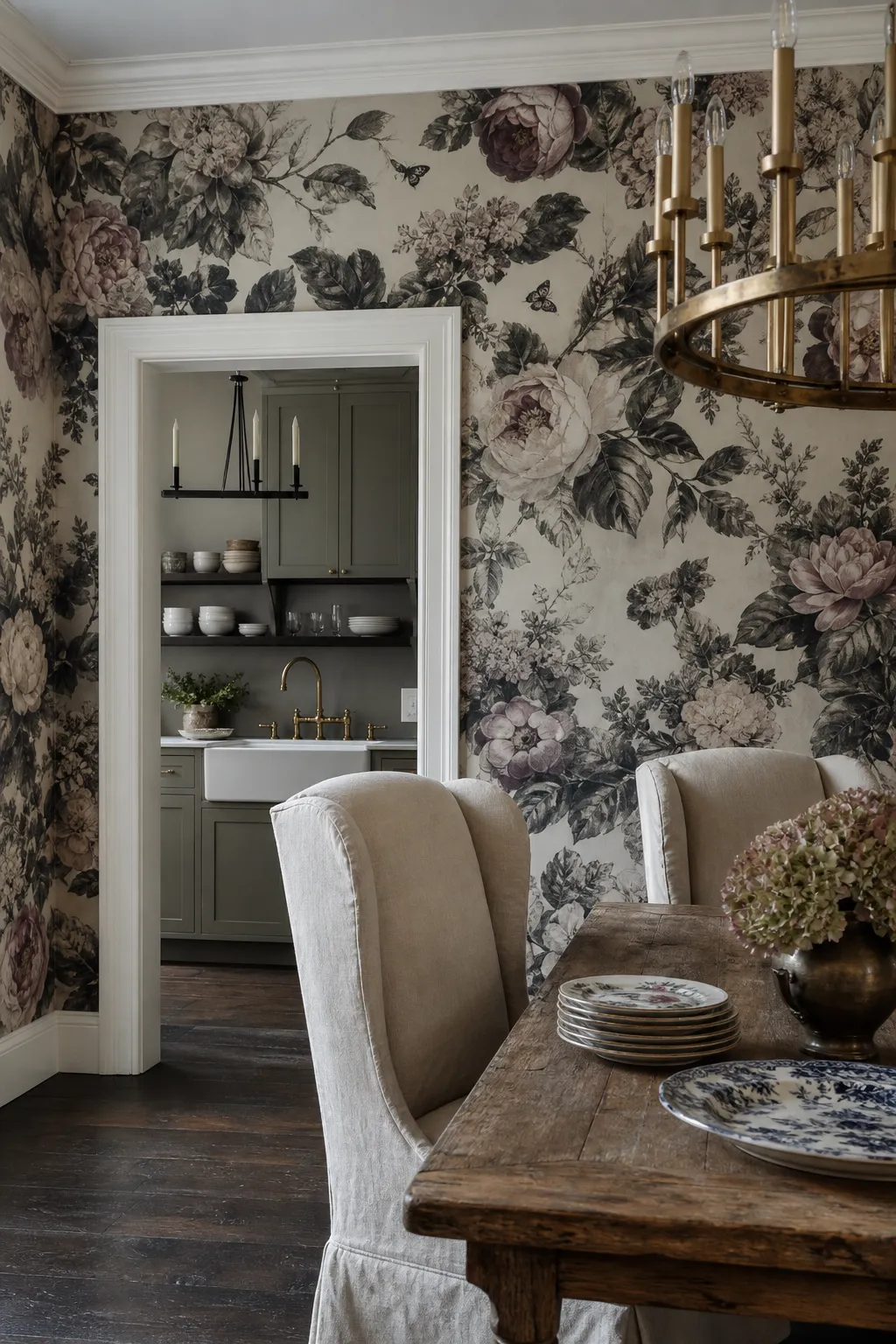 Moody dining room decorated with dark floral wallpaper