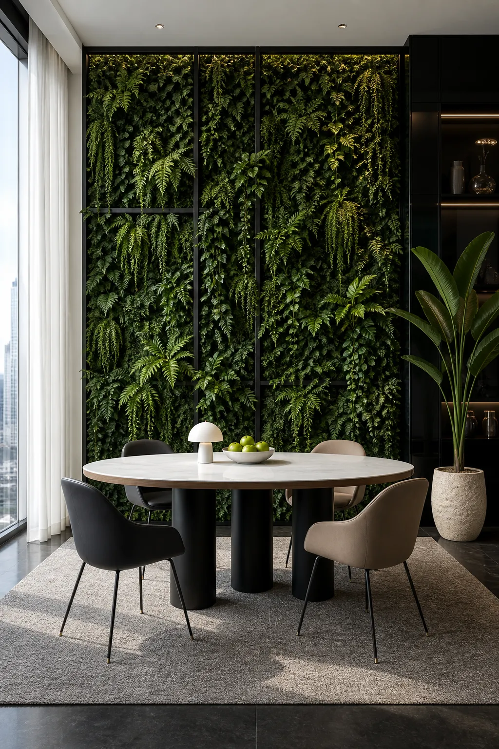 Dining wall transformed into a lush display of layered indoor plants