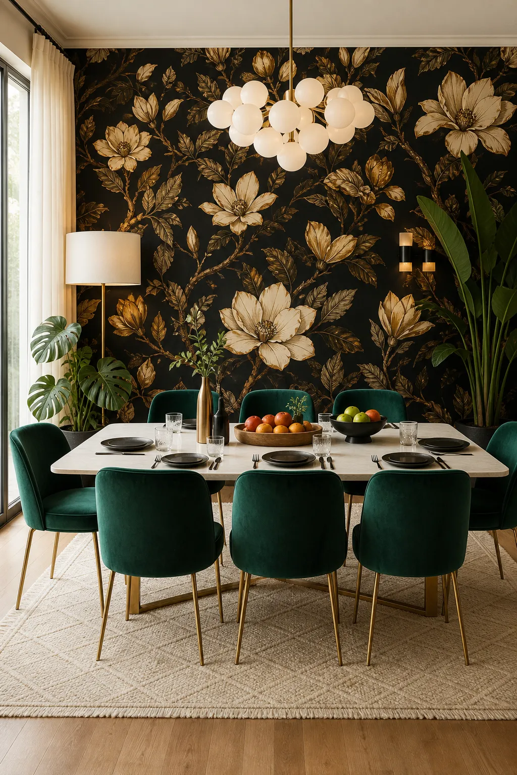 Elegant dining room with emerald chairs and gold floral wallpaper