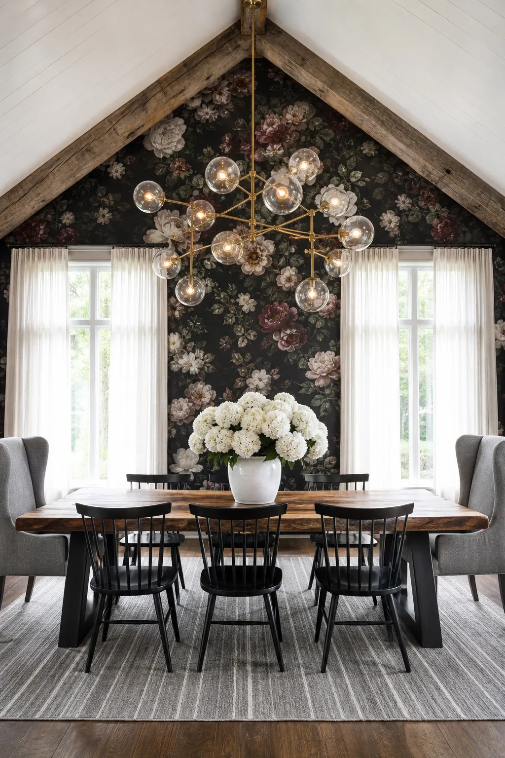 Vaulted dining room featuring expansive dark floral wall decor