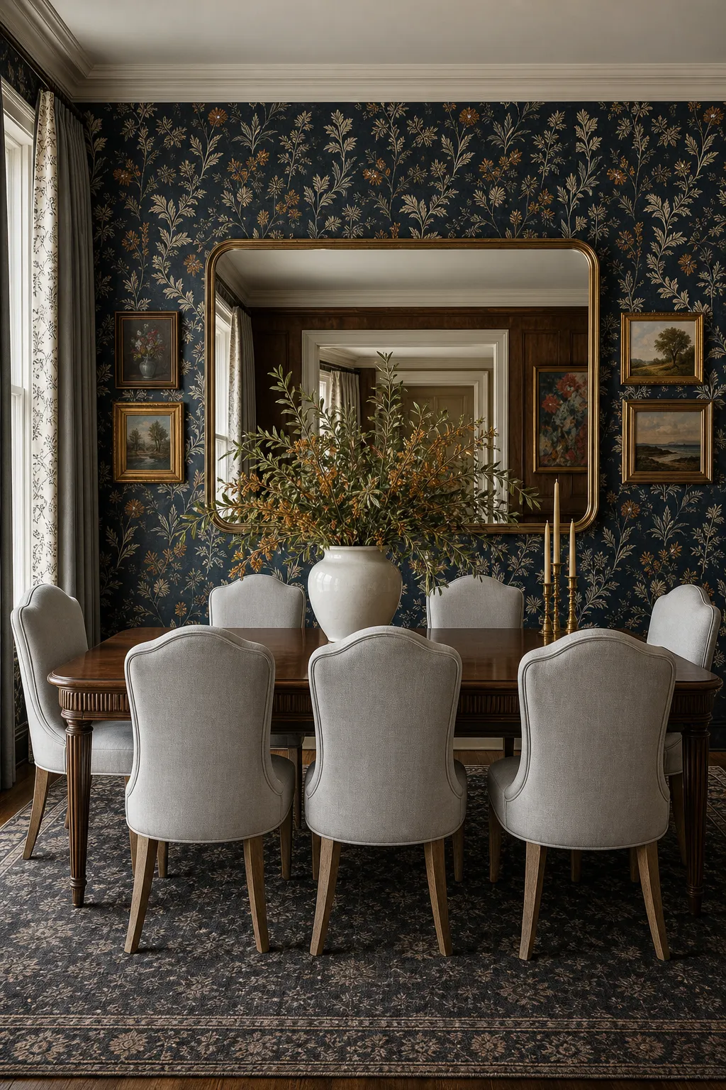 Dining room with navy botanical wallpaper and a large statement mirror