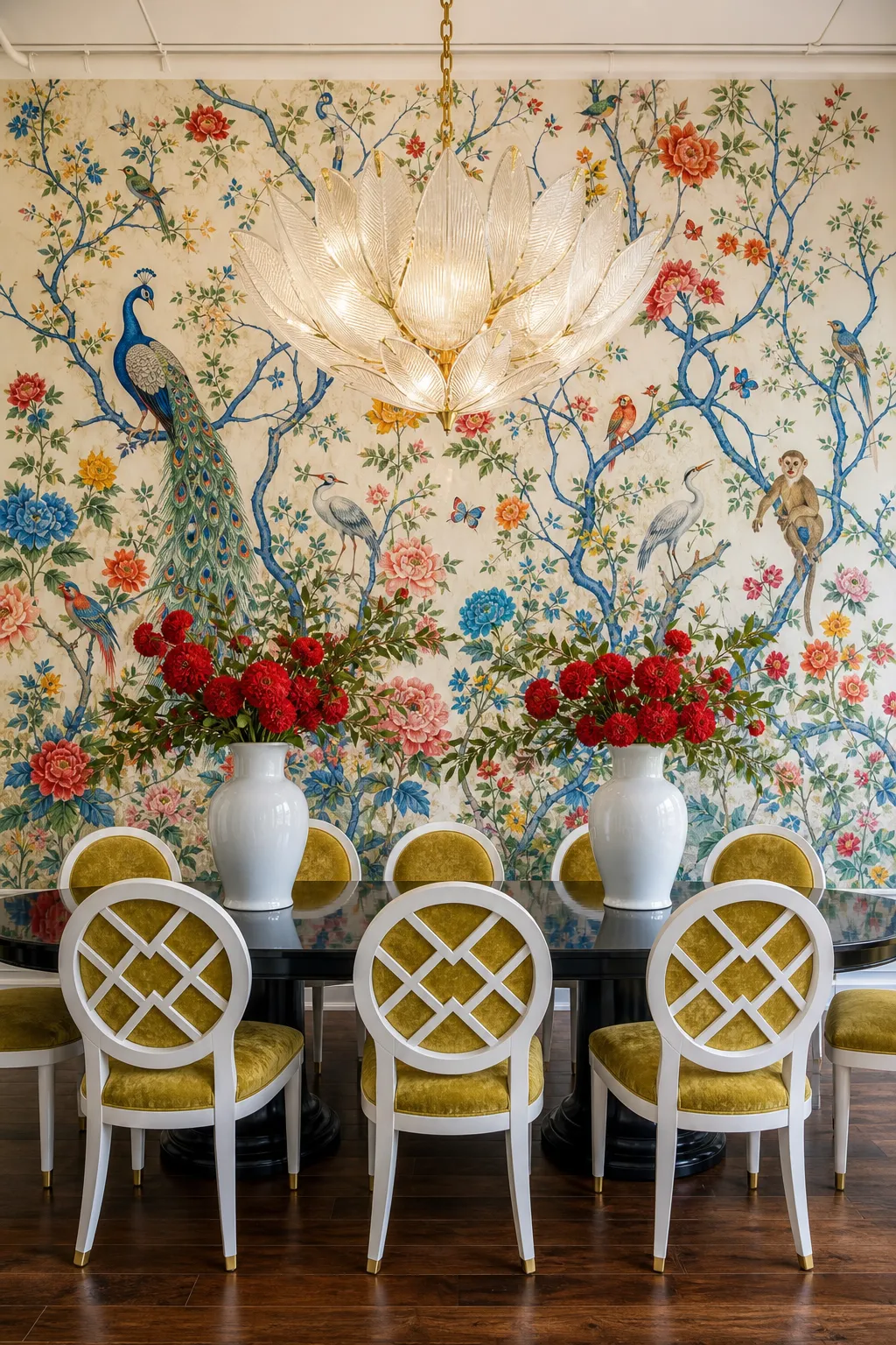 Dining room enlivened by a colorful mural of birds and foliage