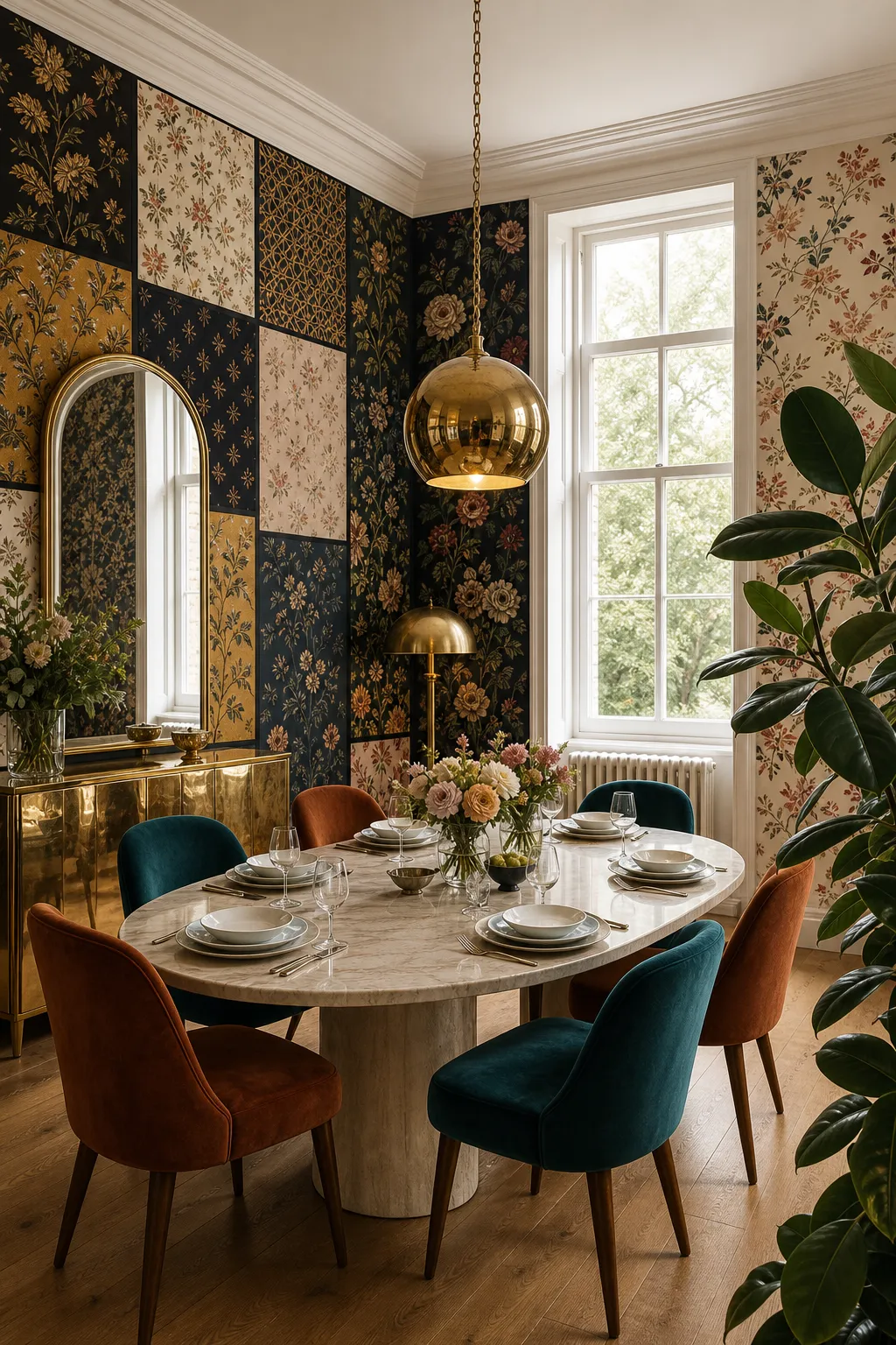 Eclectic dining room layered with varied floral patterns and artwork