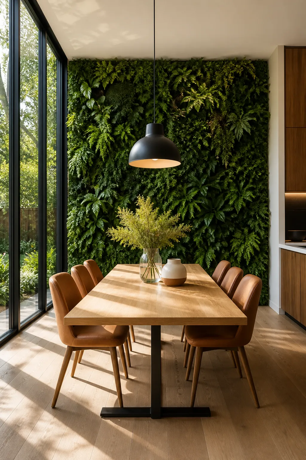 Modern dining space with a floor-to-ceiling wall of living greenery