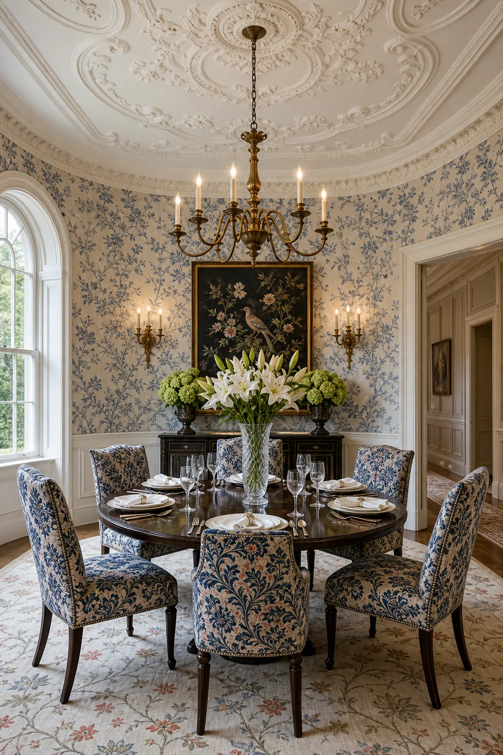 Grand dining room wrapped in large-scale blue botanical wallpaper