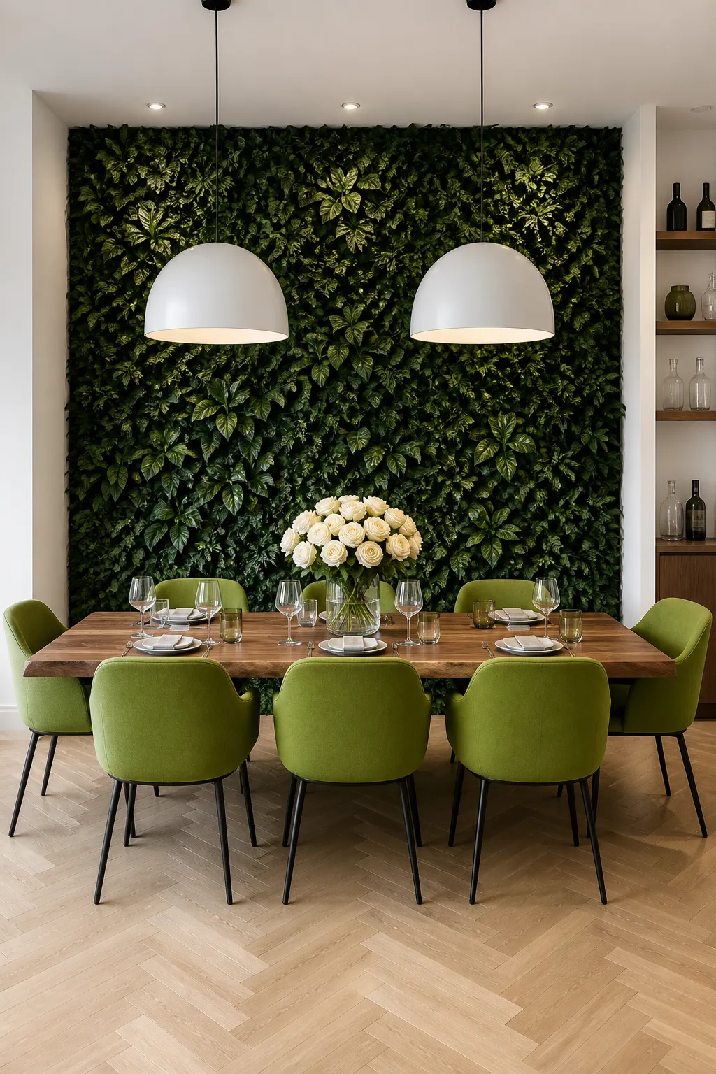 Fresh dining room feature wall filled with deep green foliage