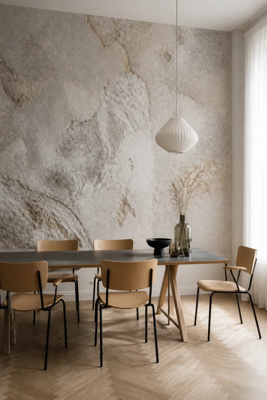 Minimal dining area with a softly textured stone-look wall mural