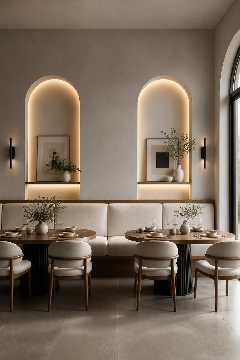 Warm modern dining nook framed by a softly curved arched niche