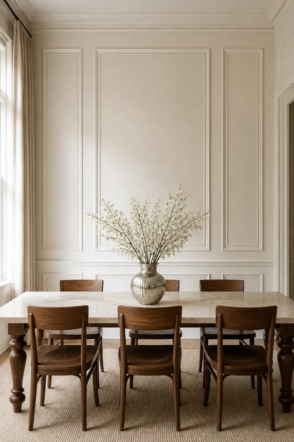 Dining room wall finished with warm ivory panel molding and classic decorative trim