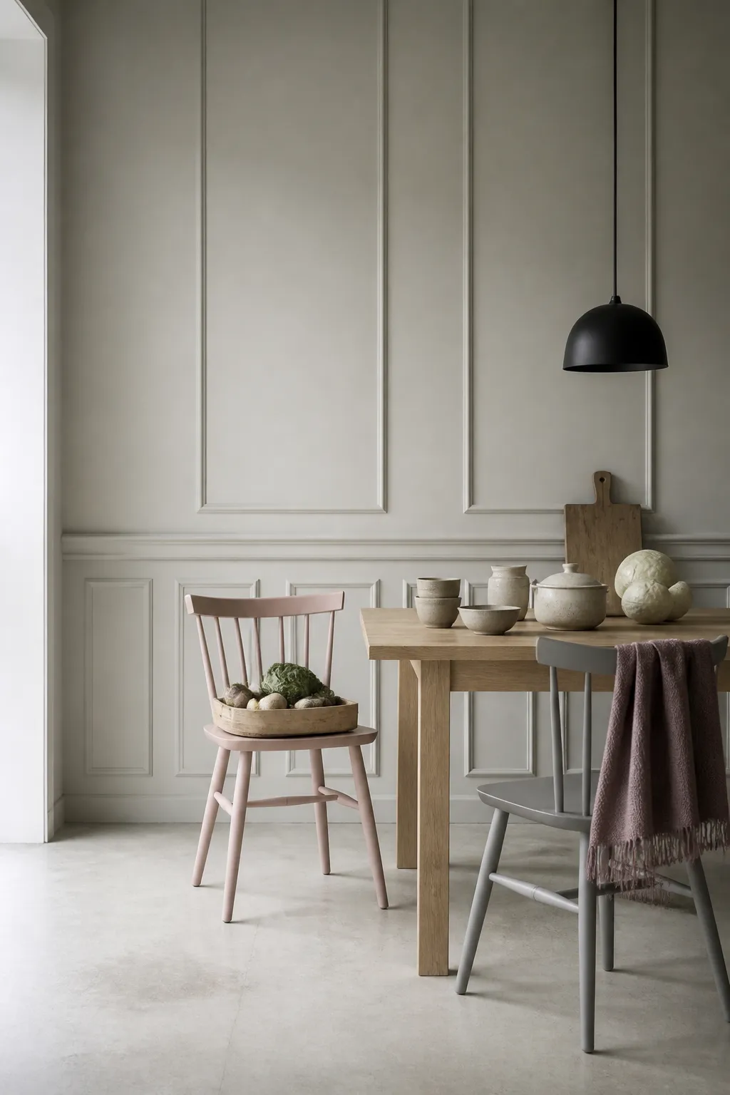 Nordic dining room featuring soft gray wall molding and simple light wood furnishings