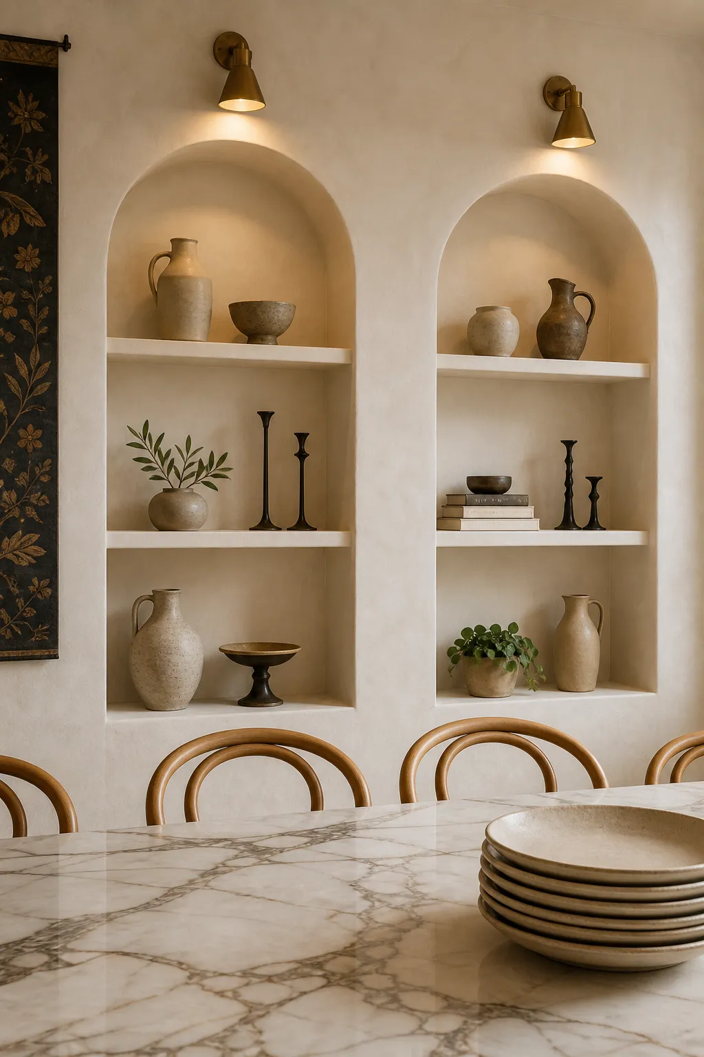 Dining room with arched built-in display shelves illuminated by brass wall sconces