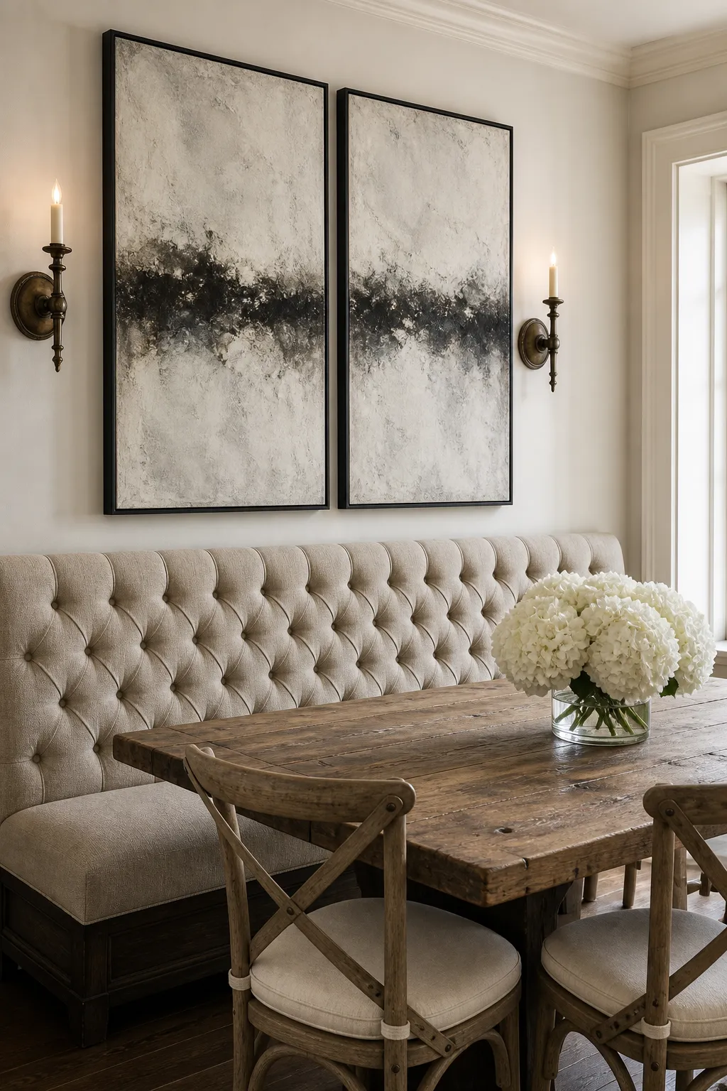Neutral framed artwork arranged as a gallery wall above an upholstered dining banquette