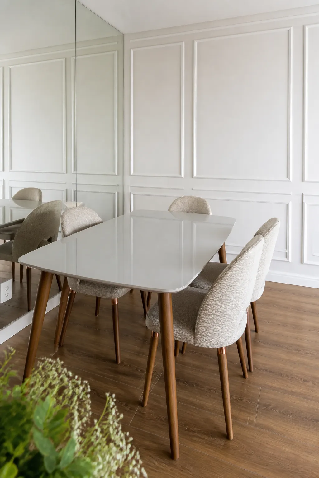 Small dining area with white wall panels inset with mirrors to reflect light