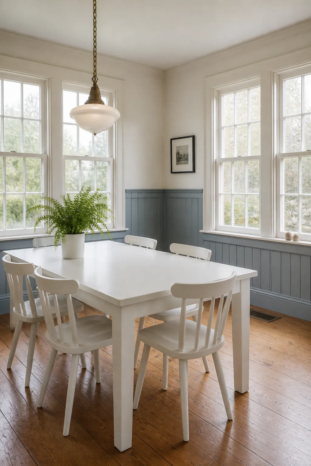 Dining room wainscoting painted dusty blue beneath a light neutral upper wall