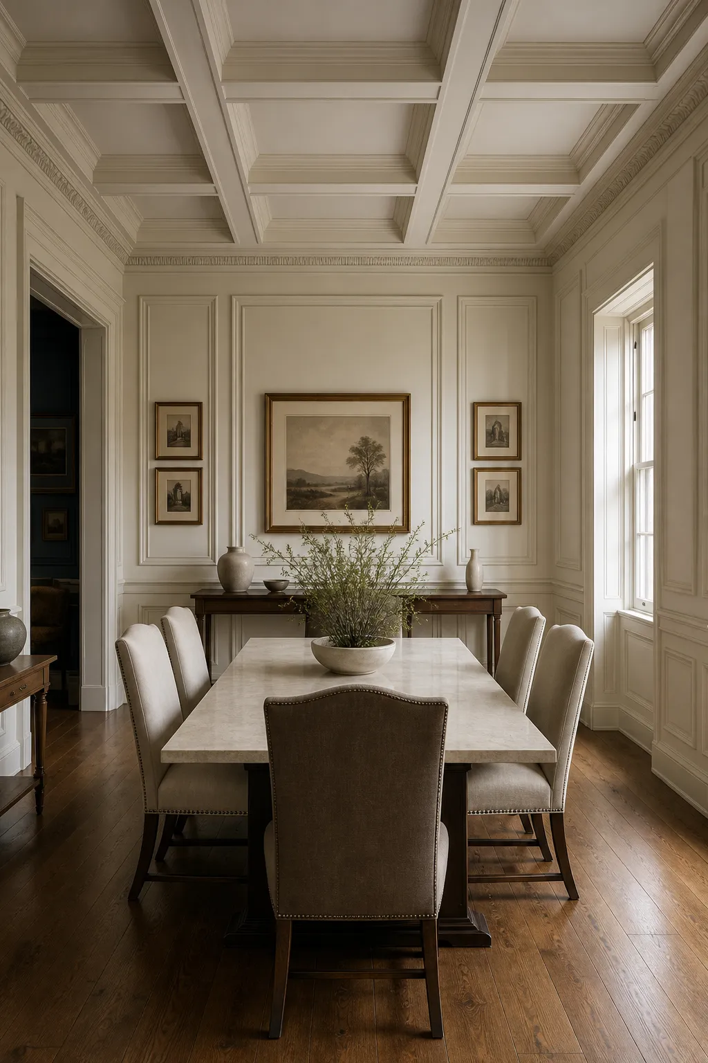 Formal dining room wall decorated with symmetrical classic picture-frame molding