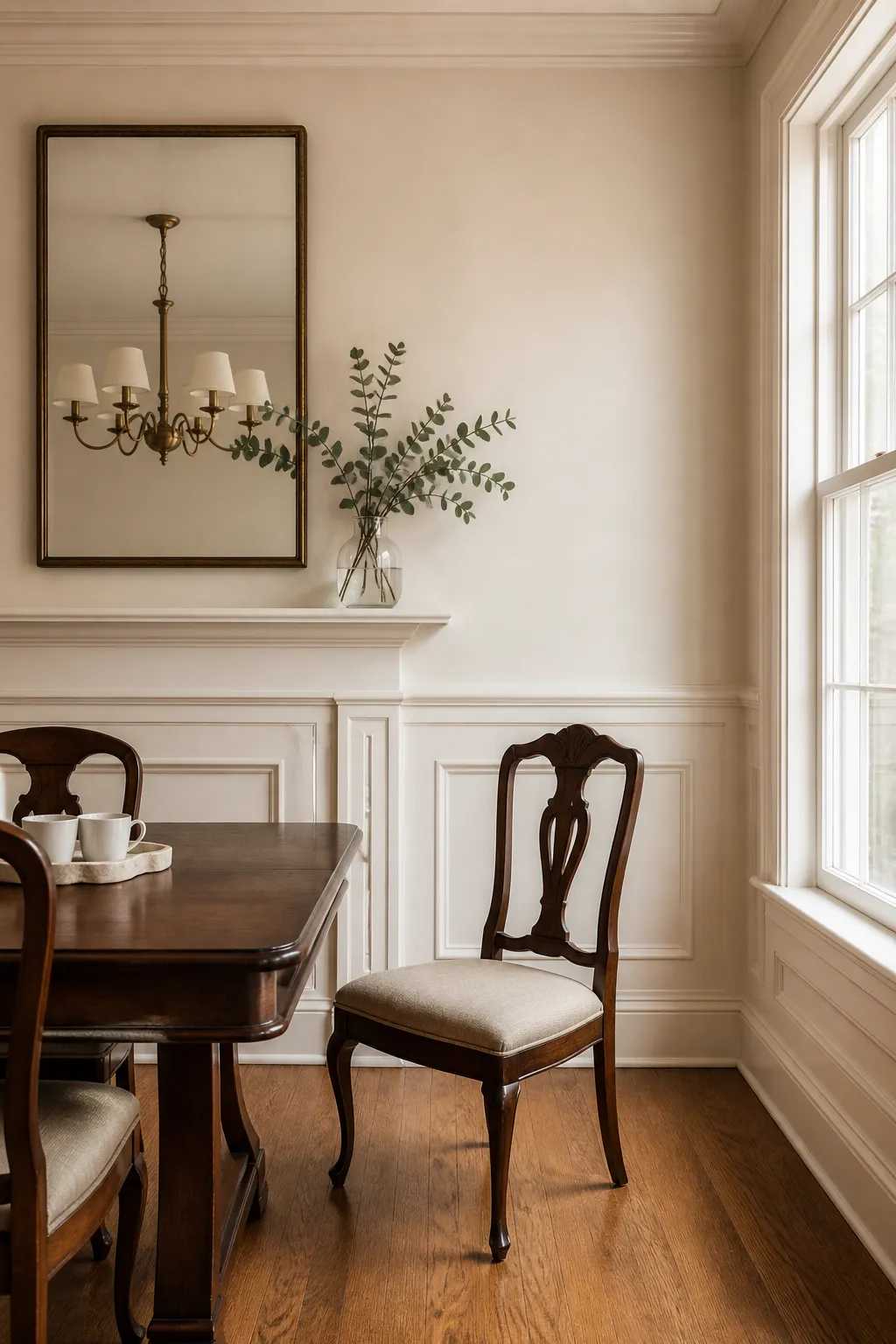 Cozy dining space with warm white wainscoting and natural wood furniture