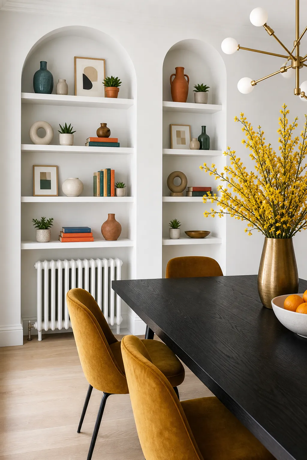 Modern dining wall with dark arched shelves contrasting against a pale background