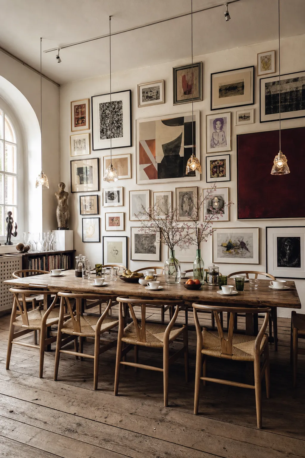 Dining room featuring a salon-style gallery wall filled with eclectic framed artwork