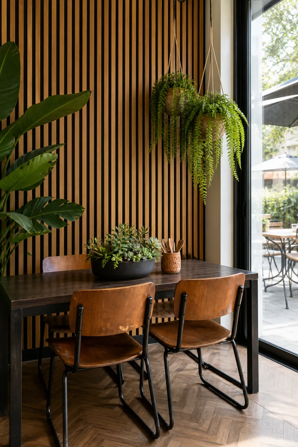 Modern dining nook backed by evenly spaced vertical natural wood slats