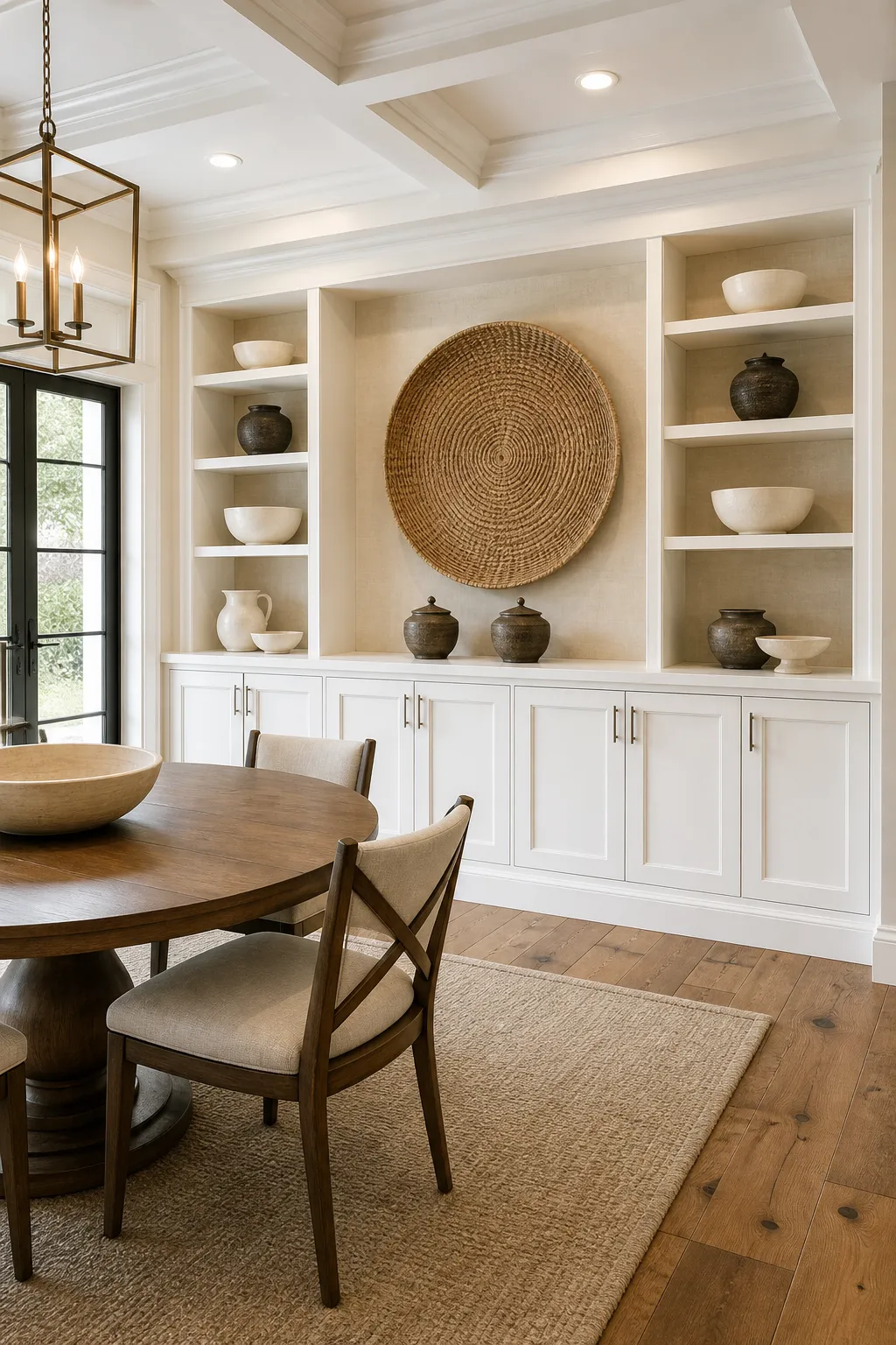 Dining room built-in with elegant open display shelves above closed storage cabinets