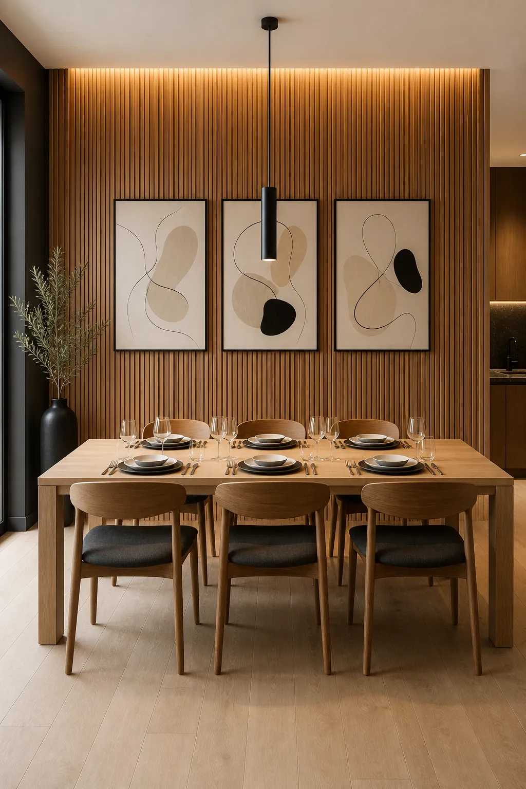 Minimal dining room wall clad in streamlined pale oak vertical slats