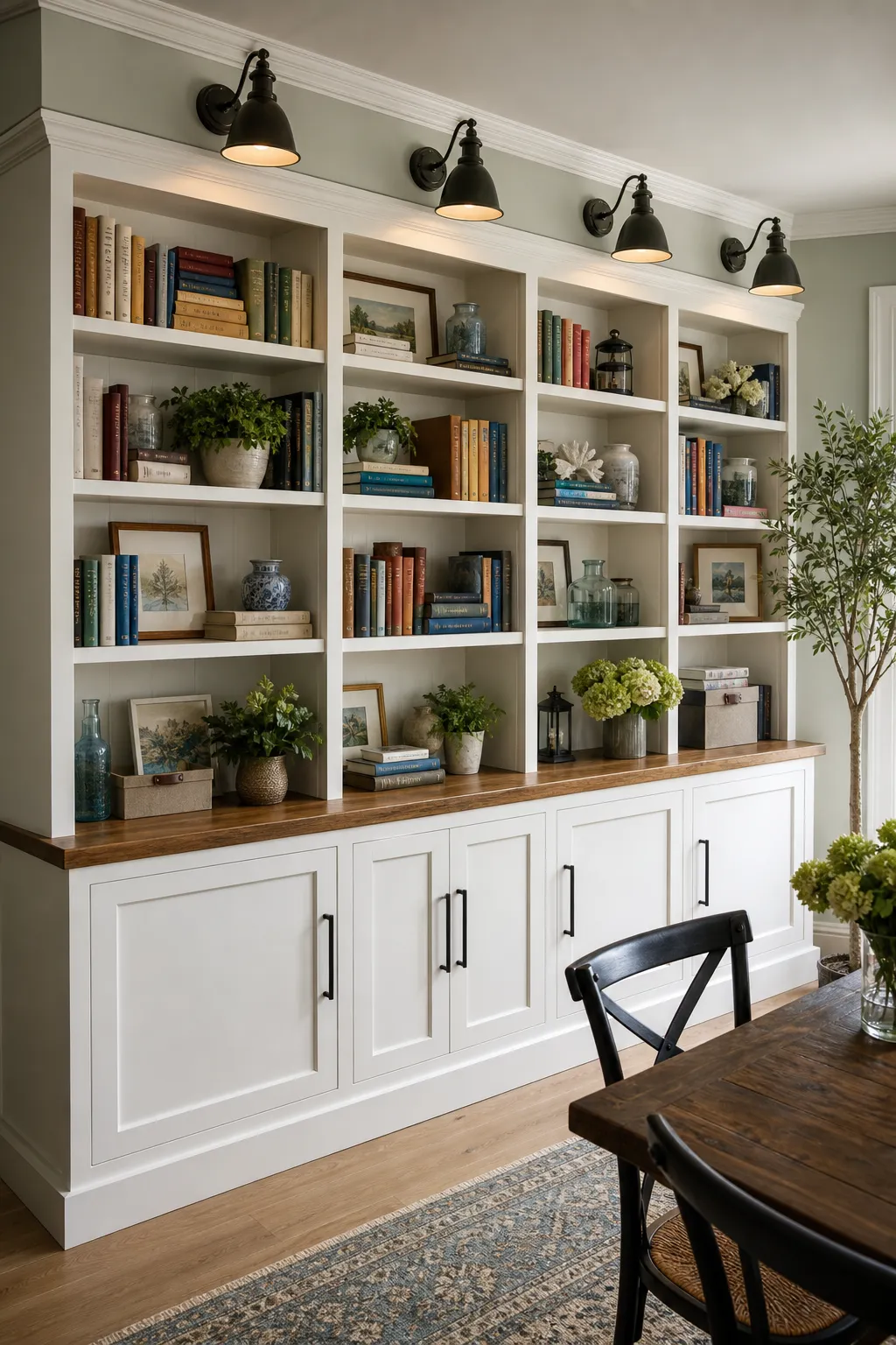 White built-in bookcase styled with ceramics books and decor beside a dining table