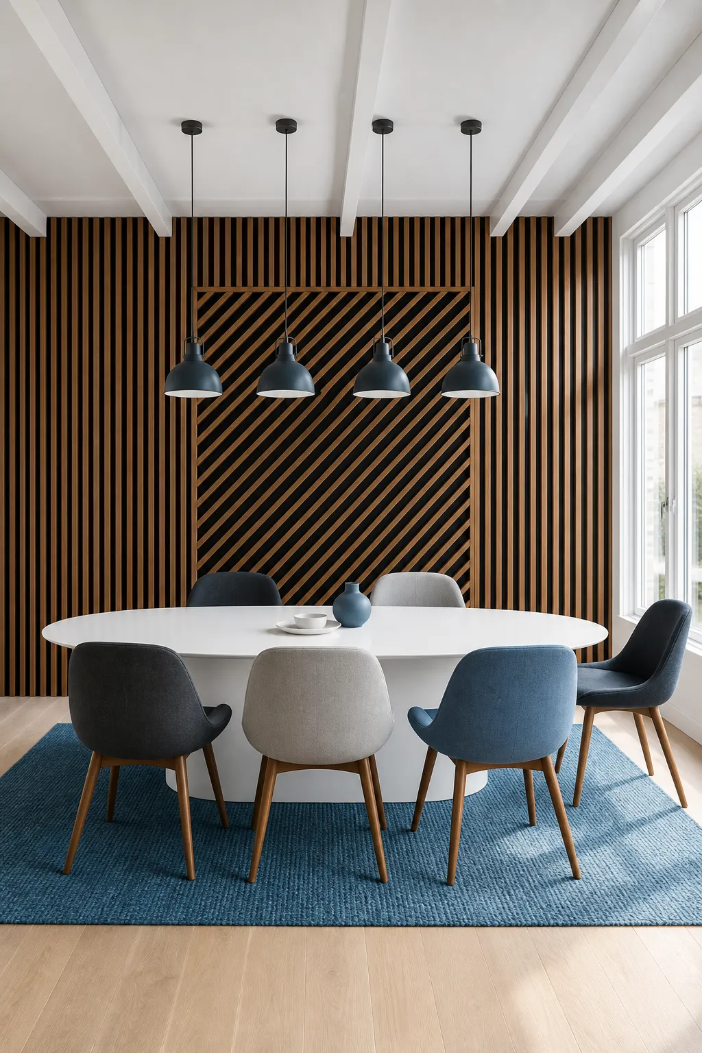 Dining room feature wall made from wood slats arranged in an angular geometric pattern