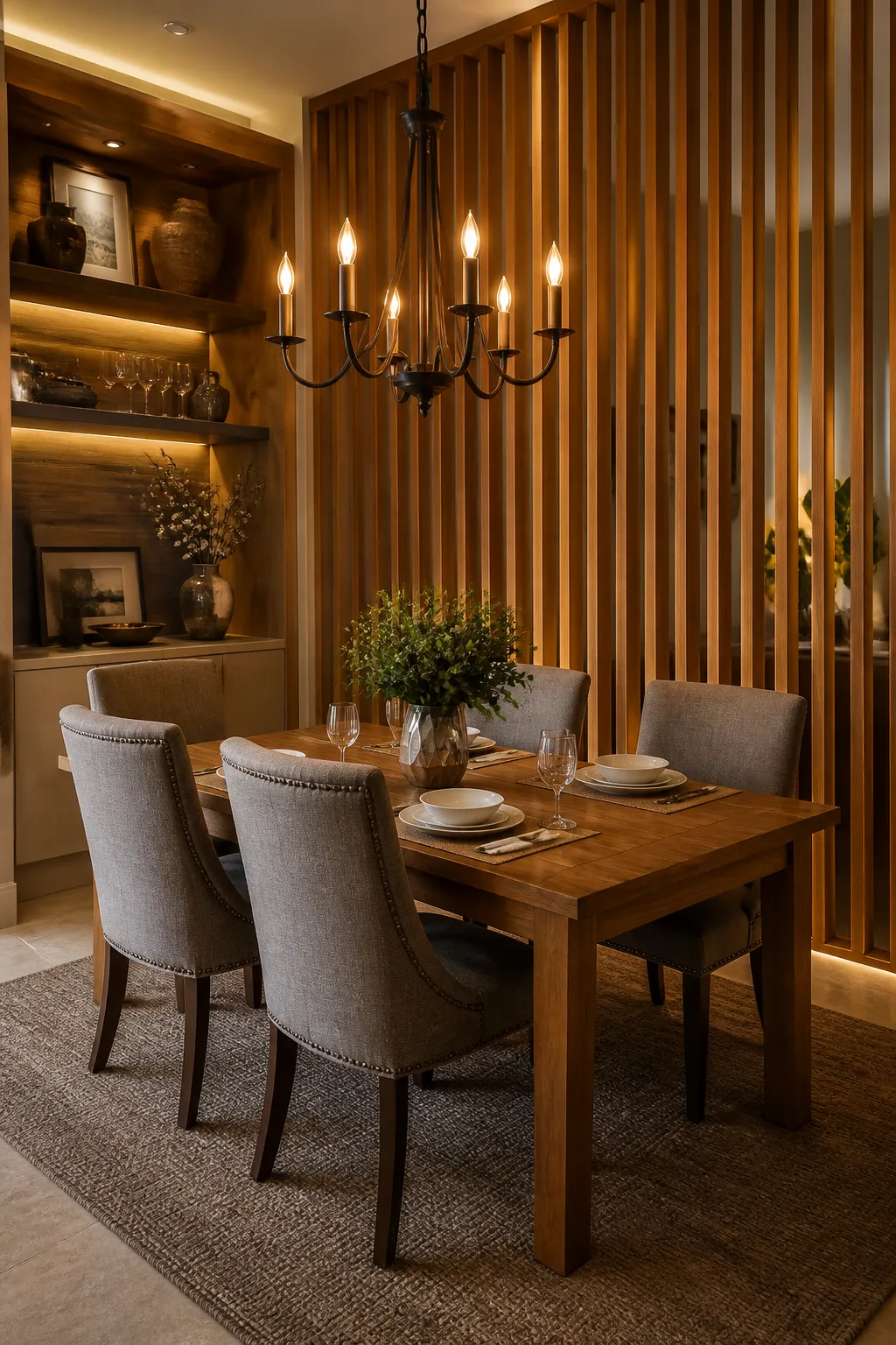 Dining area defined by a floor-to-ceiling wood slat partition