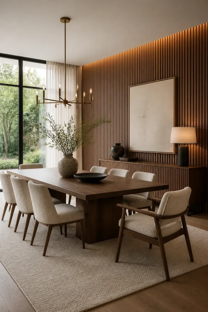 Walnut slat dining wall illuminated by warm ambient lighting