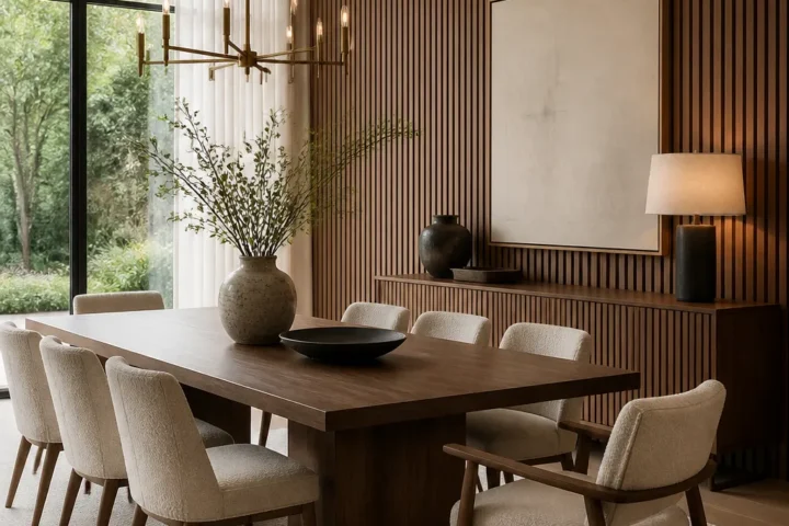 Walnut slat dining wall illuminated by warm ambient lighting