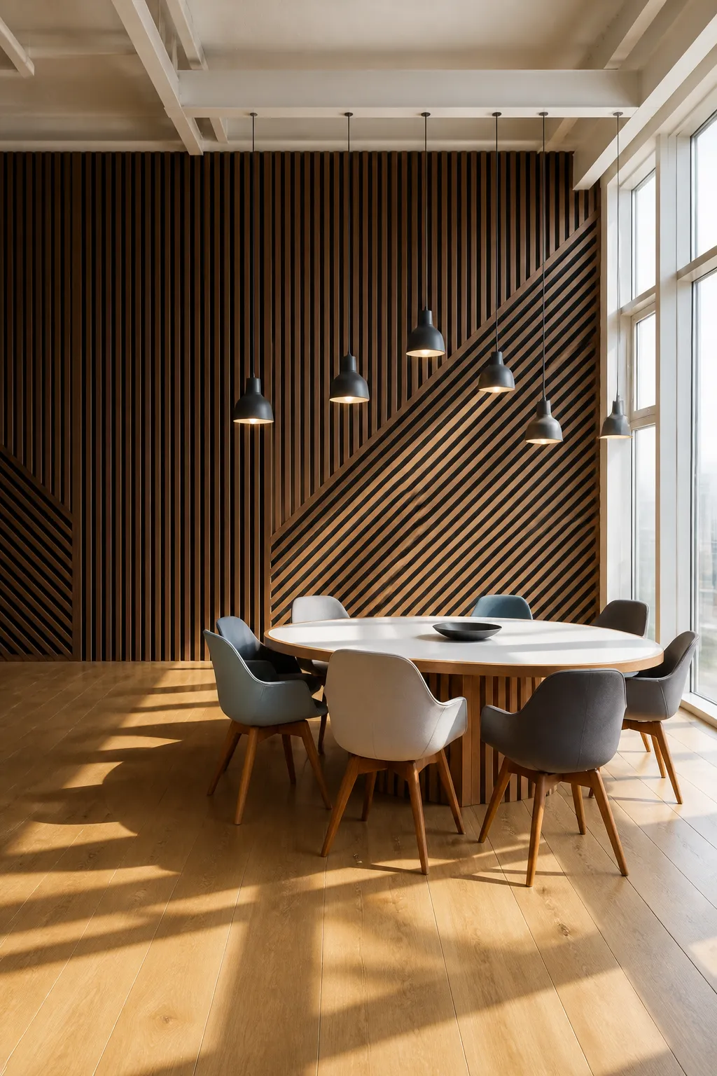 Geometric timber battens casting patterned shadows in a sunlit dining room