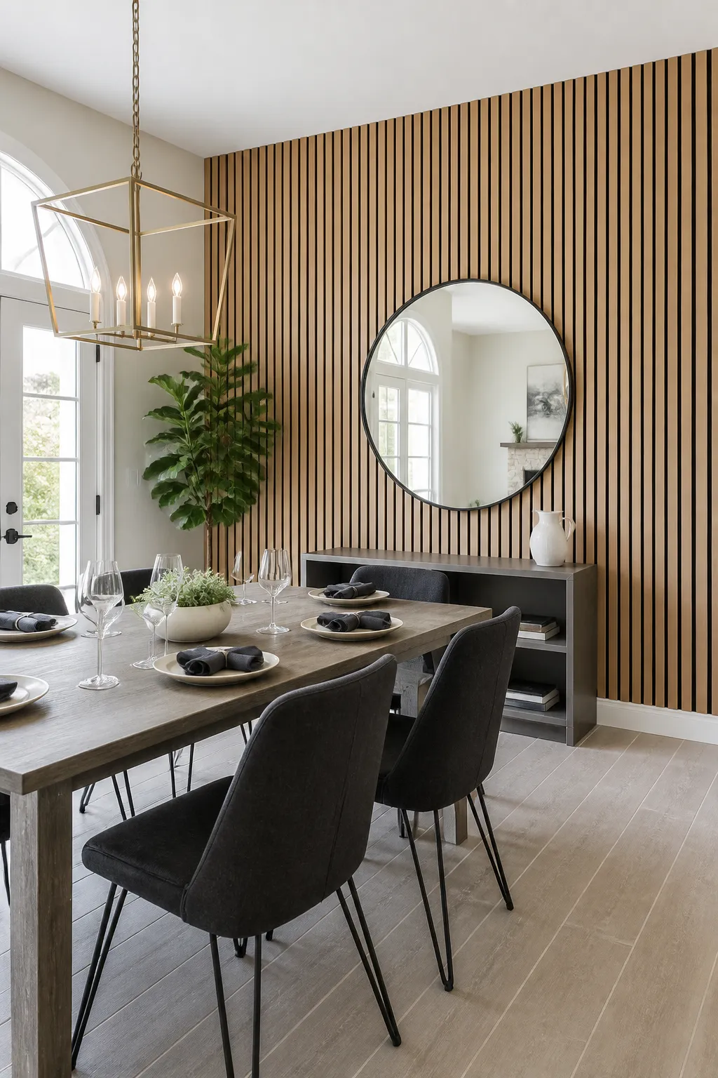 Large round mirror mounted on a vertical wood-slat dining wall
