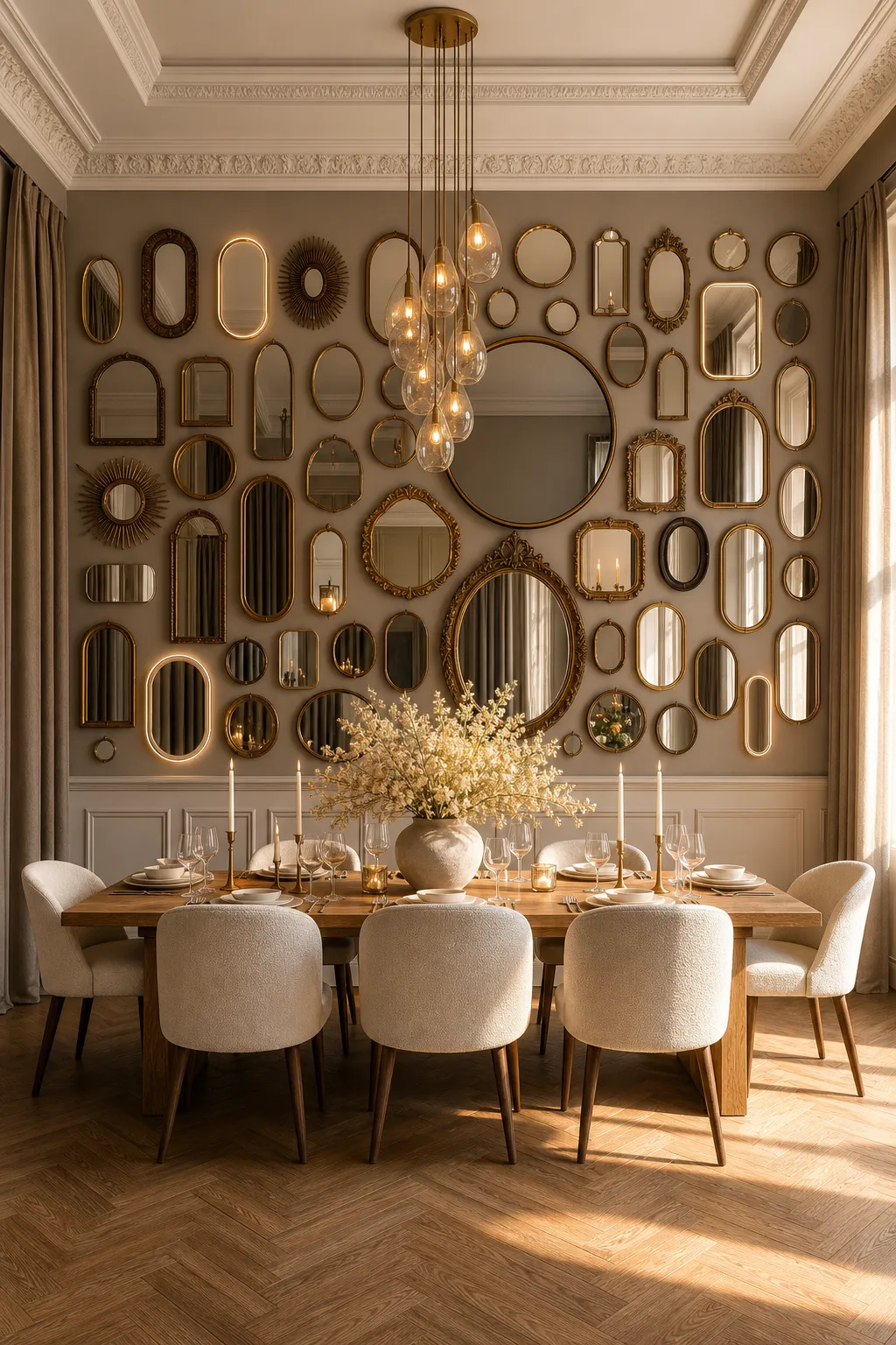 Eclectic collection of mismatched mirrors displayed on a dining room wall
