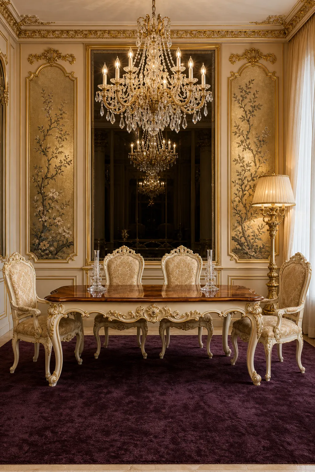 Formal dining wall decorated with ornate gold-framed accents