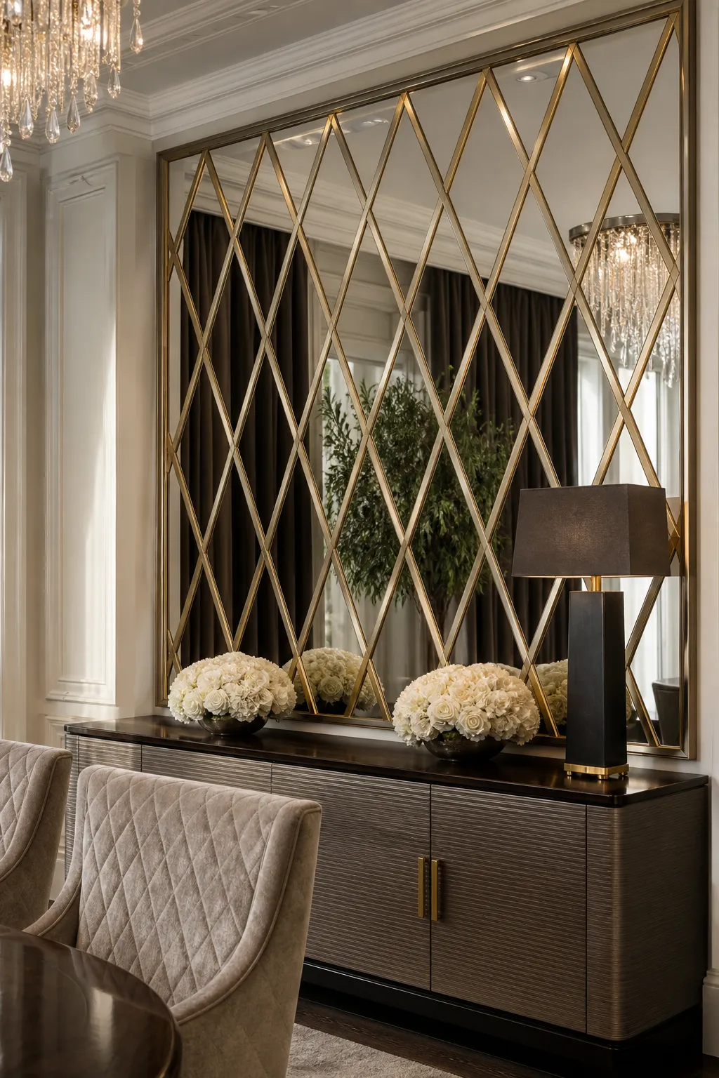Decorative gold lattice mirrors forming a glamorous dining room feature wall