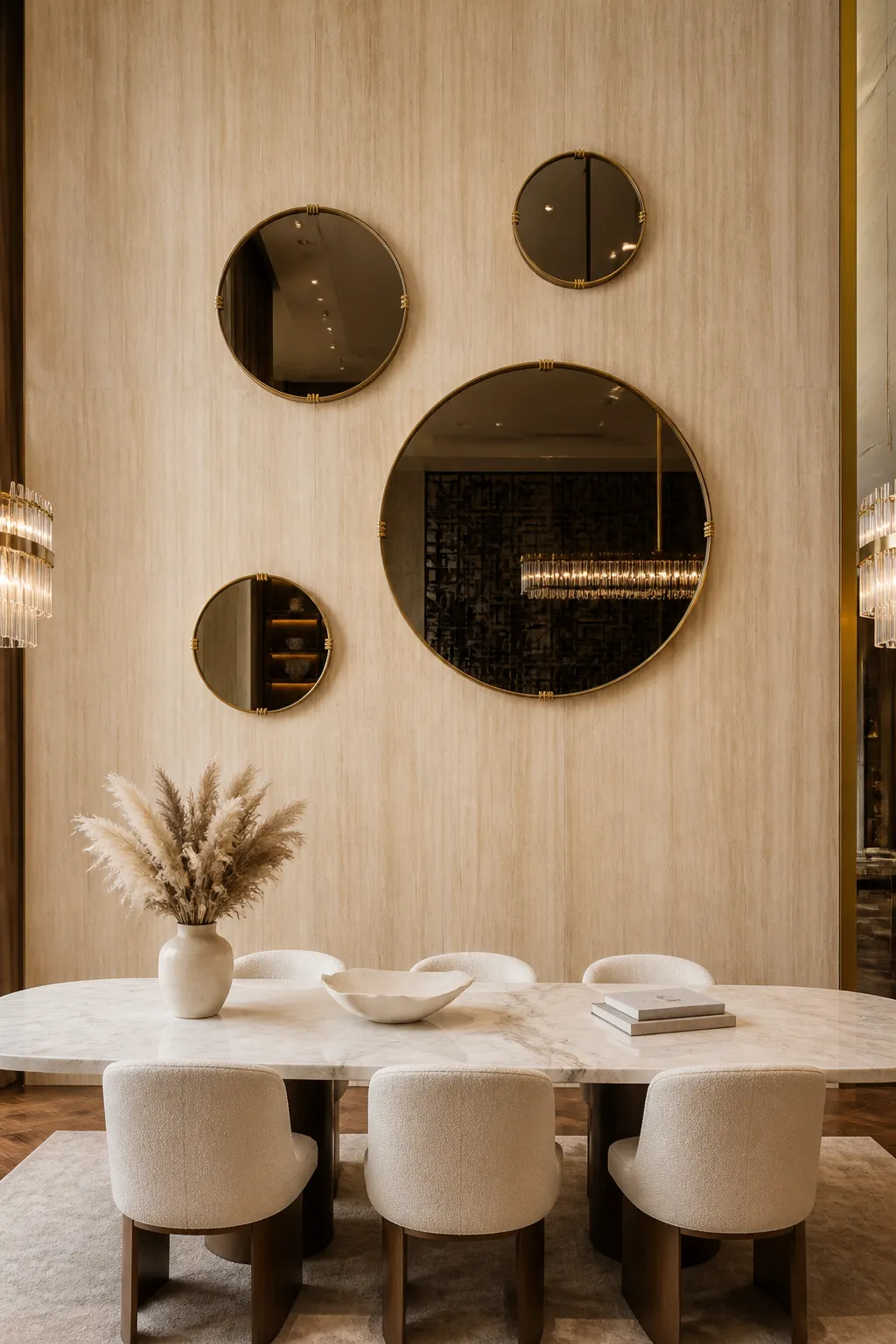 Round gold-framed mirror anchoring a black-and-gold dining room