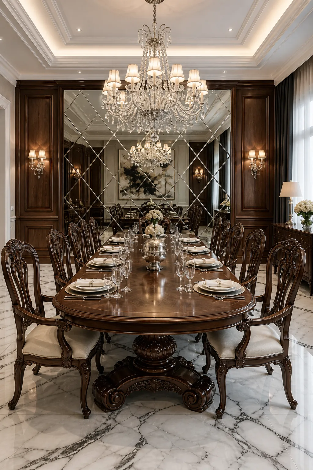 Diamond-shaped mirrors arranged over traditional wood dining room paneling