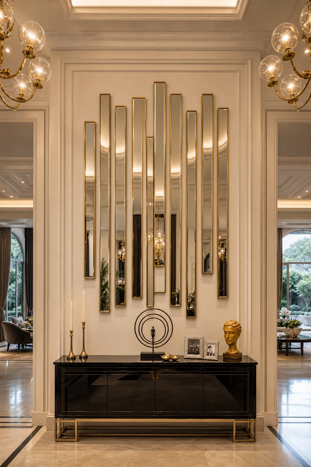 Staggered gold-framed mirrors creating vertical movement on a dining wall