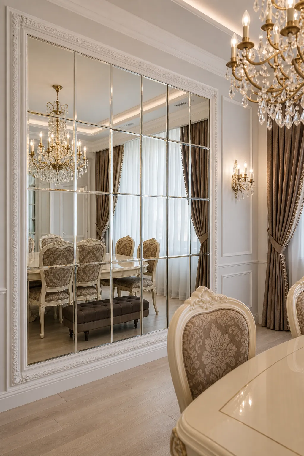 Large classic grid mirror adding depth behind a dining table