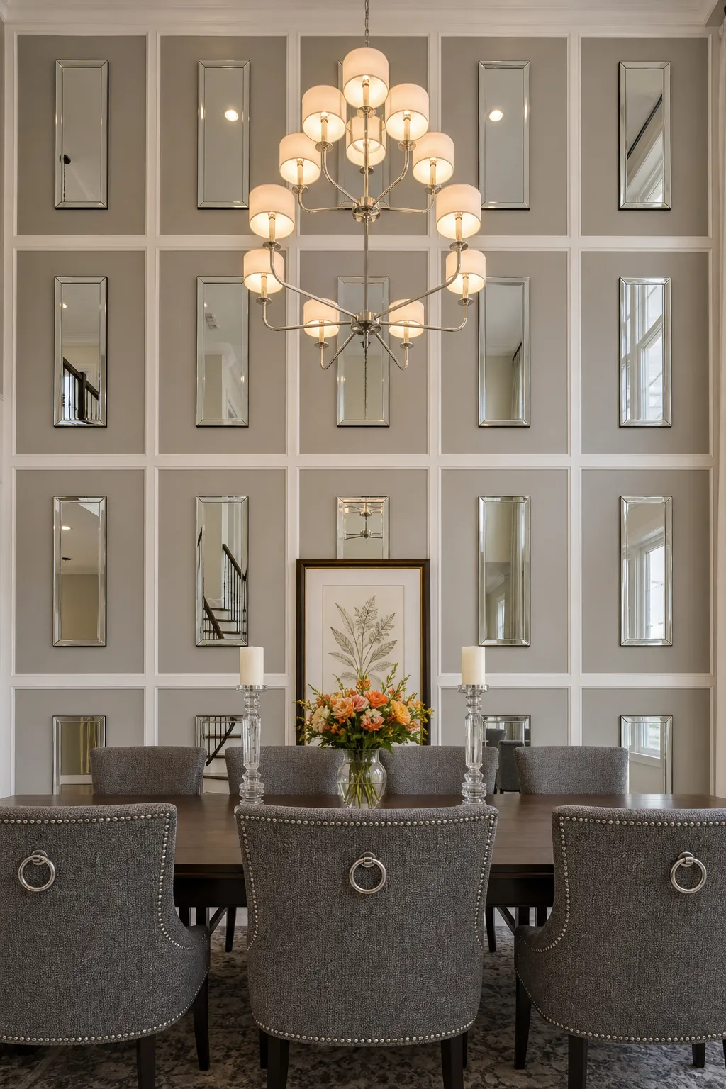Tall inset mirror panels visually expanding a modern dining room