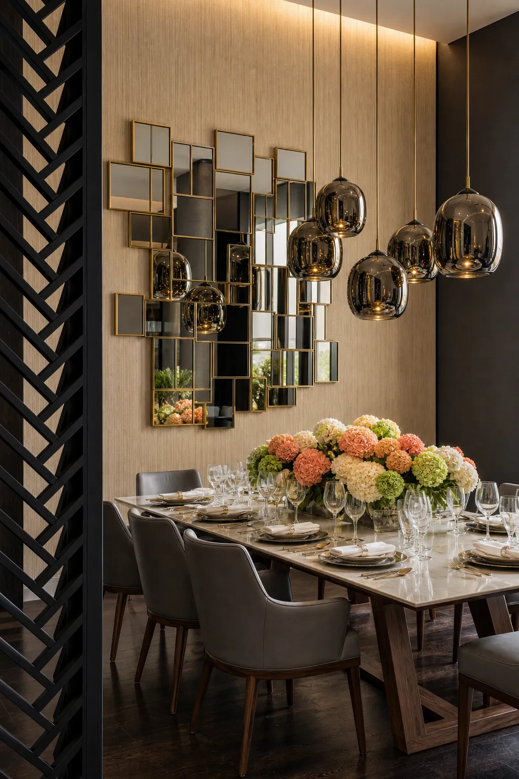 Gold mosaic mirror displayed as a focal point on a modern dining wall