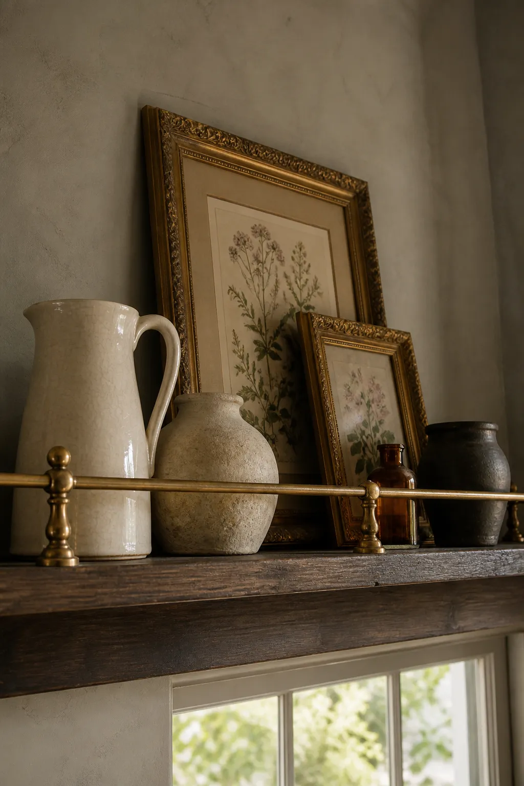 Vintage cottage gallery rail styled with layered framed art and handmade ceramics