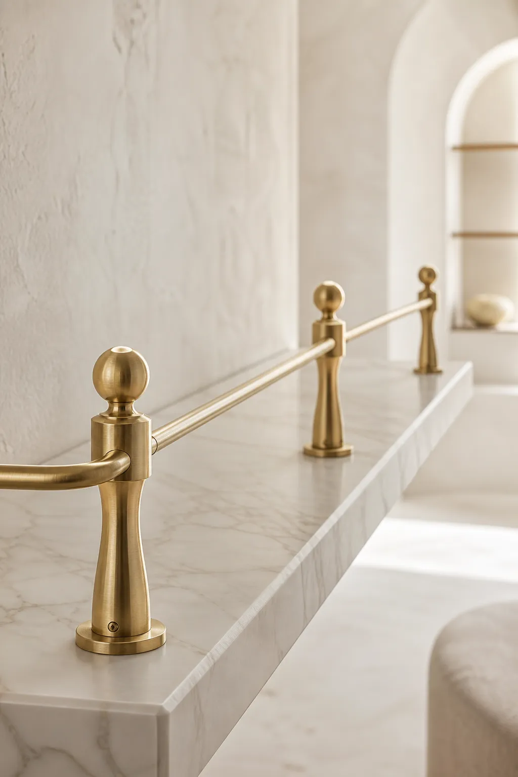 Minimal picture shelf finished with a slim polished brass gallery rail