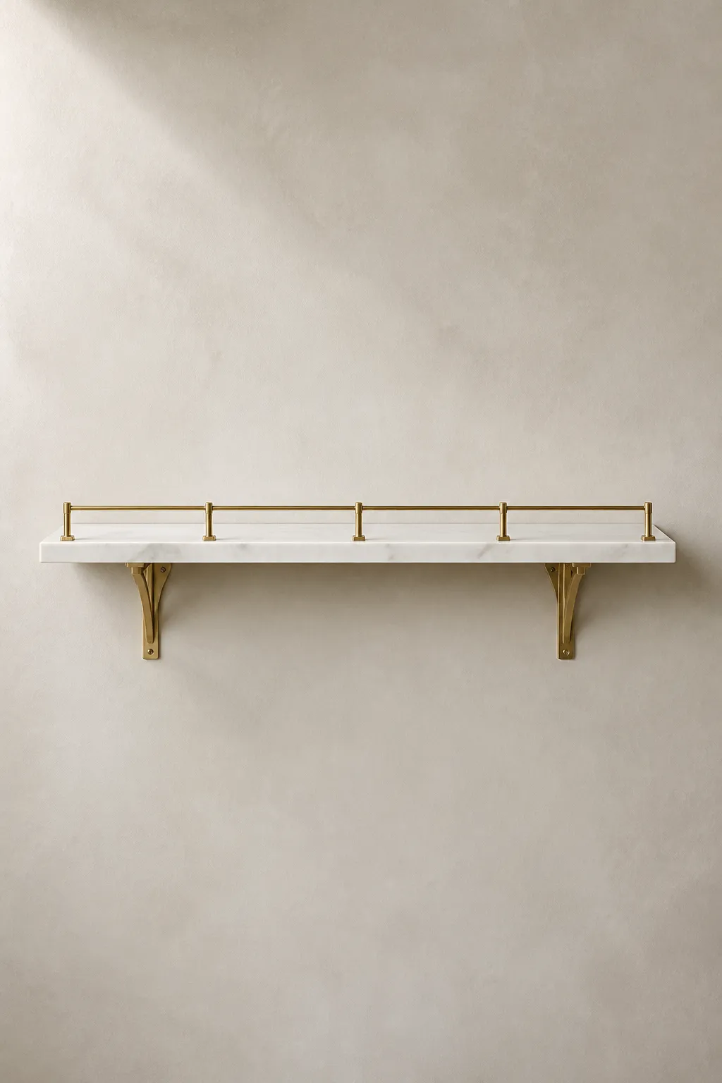 Long marble picture ledge with brass railing extending across a wide wall