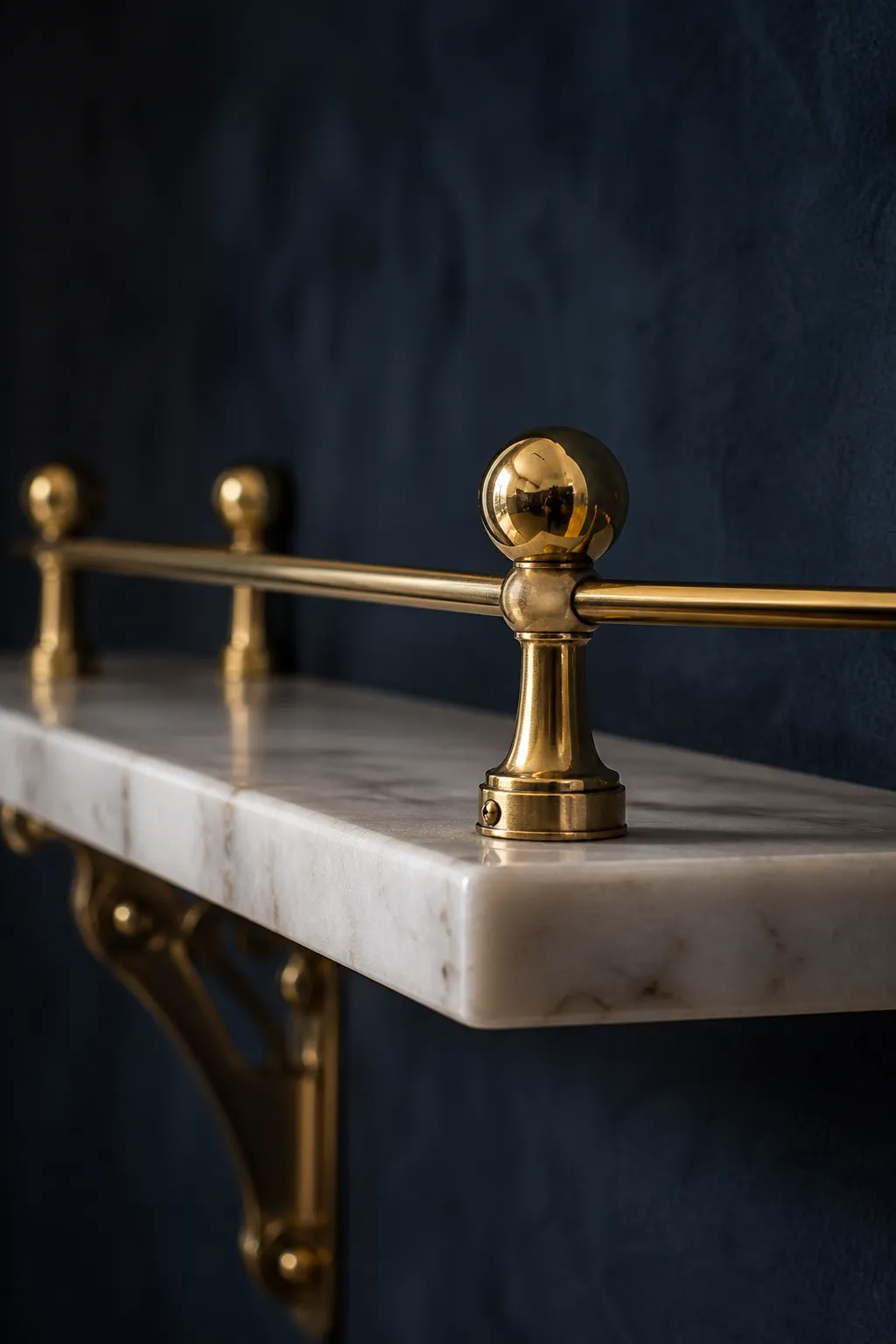 Refined gallery shelf featuring geometric Art Deco brass details