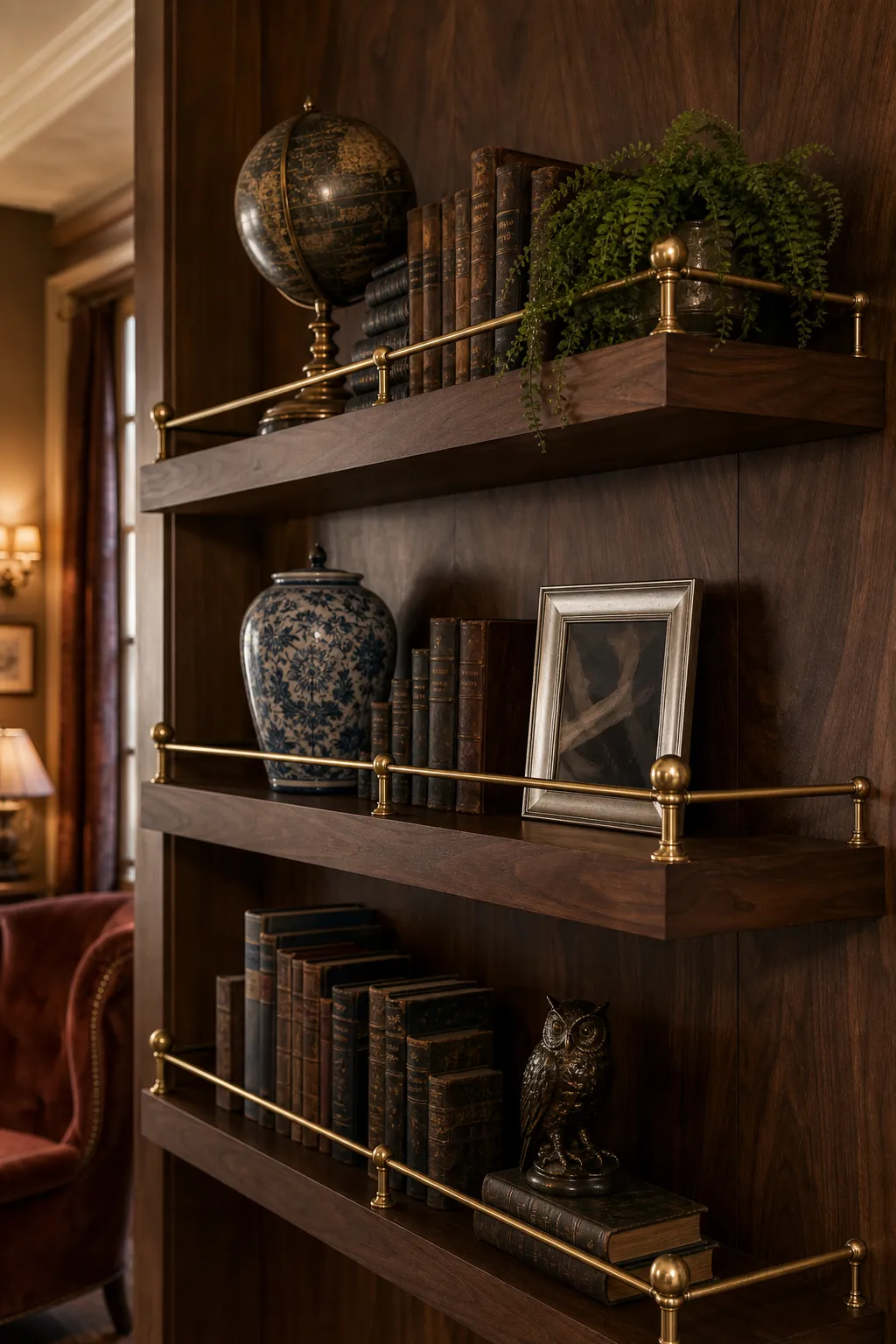 Walnut library wall layered with books, framed artwork, and collected objects